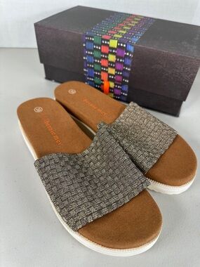 bernie mev. Metallic Taupe Woven Slide Sandals. Brand New
